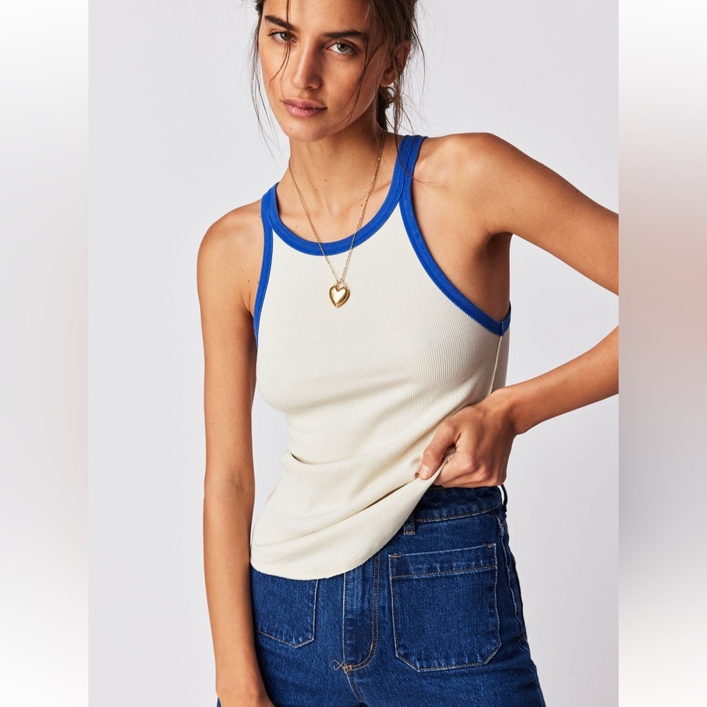 Free People White and Blue Trimmed Women's Ribbed Tank Top Size Medium